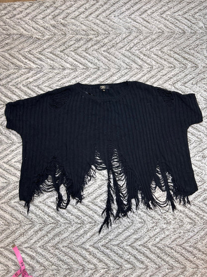 Black Distressed Ribbed Knit Sweater Top Womens Large L Fringe Hem Y2K Boho