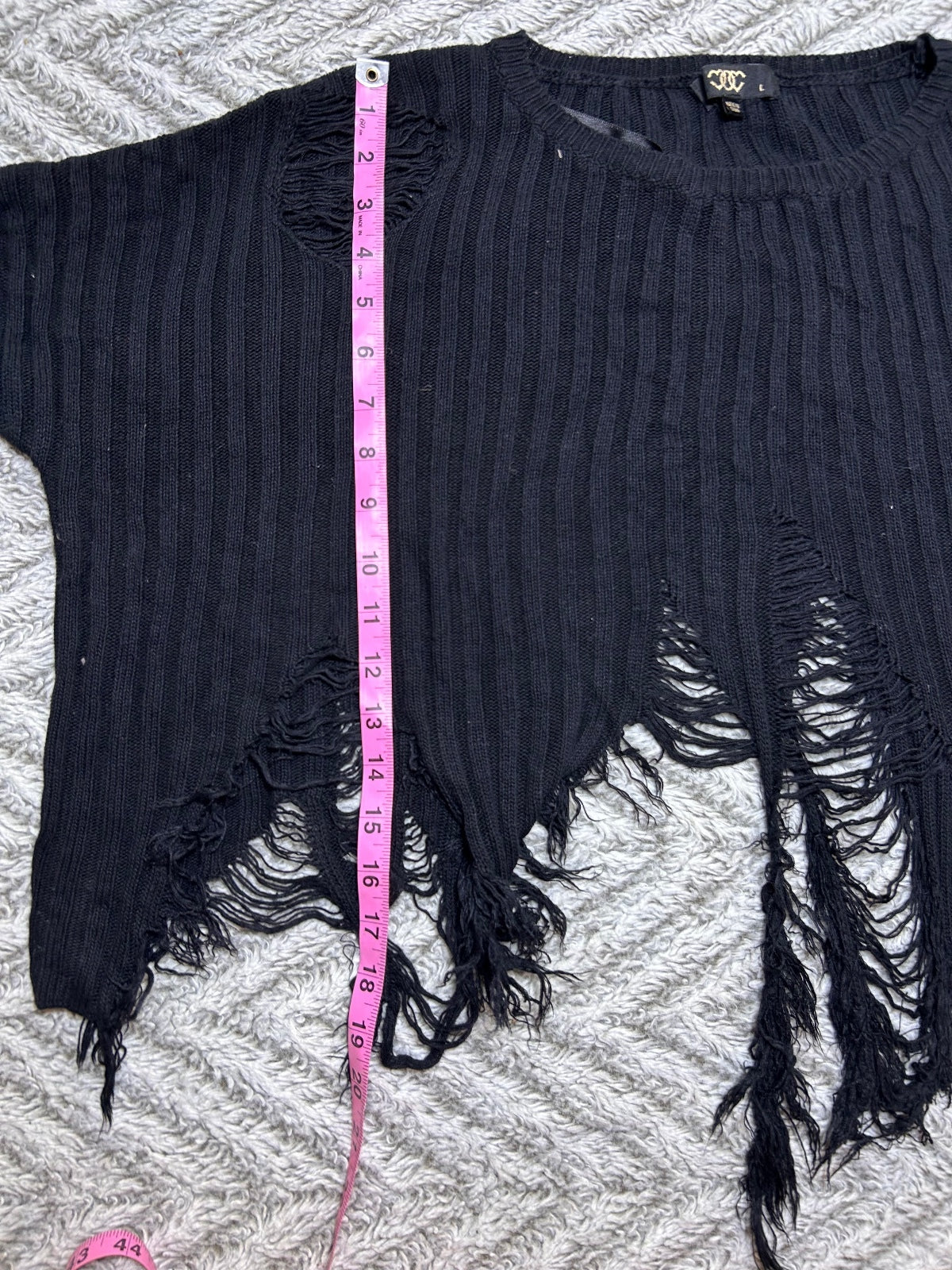 Black Distressed Ribbed Knit Sweater Top Womens Large L Fringe Hem Y2K Boho
