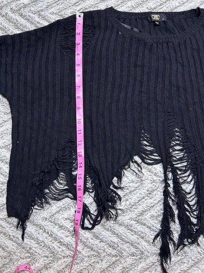 Black Distressed Ribbed Knit Sweater Top Womens Large L Fringe Hem Y2K Boho