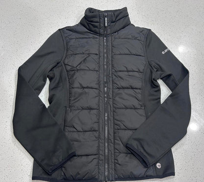 Hi-Tec branded black women's hybrid softshell and quilted puffer jacket