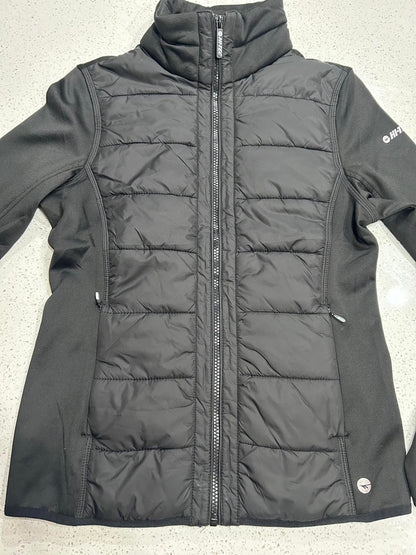 Hi-Tec branded black women's hybrid softshell and quilted puffer jacket