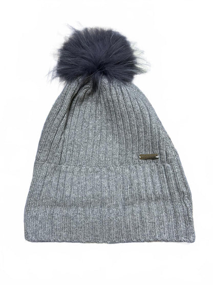Woolrich European Beanie – Gray Rib-Knit with Cashmere Pom-Pom, Soft & Cozy!