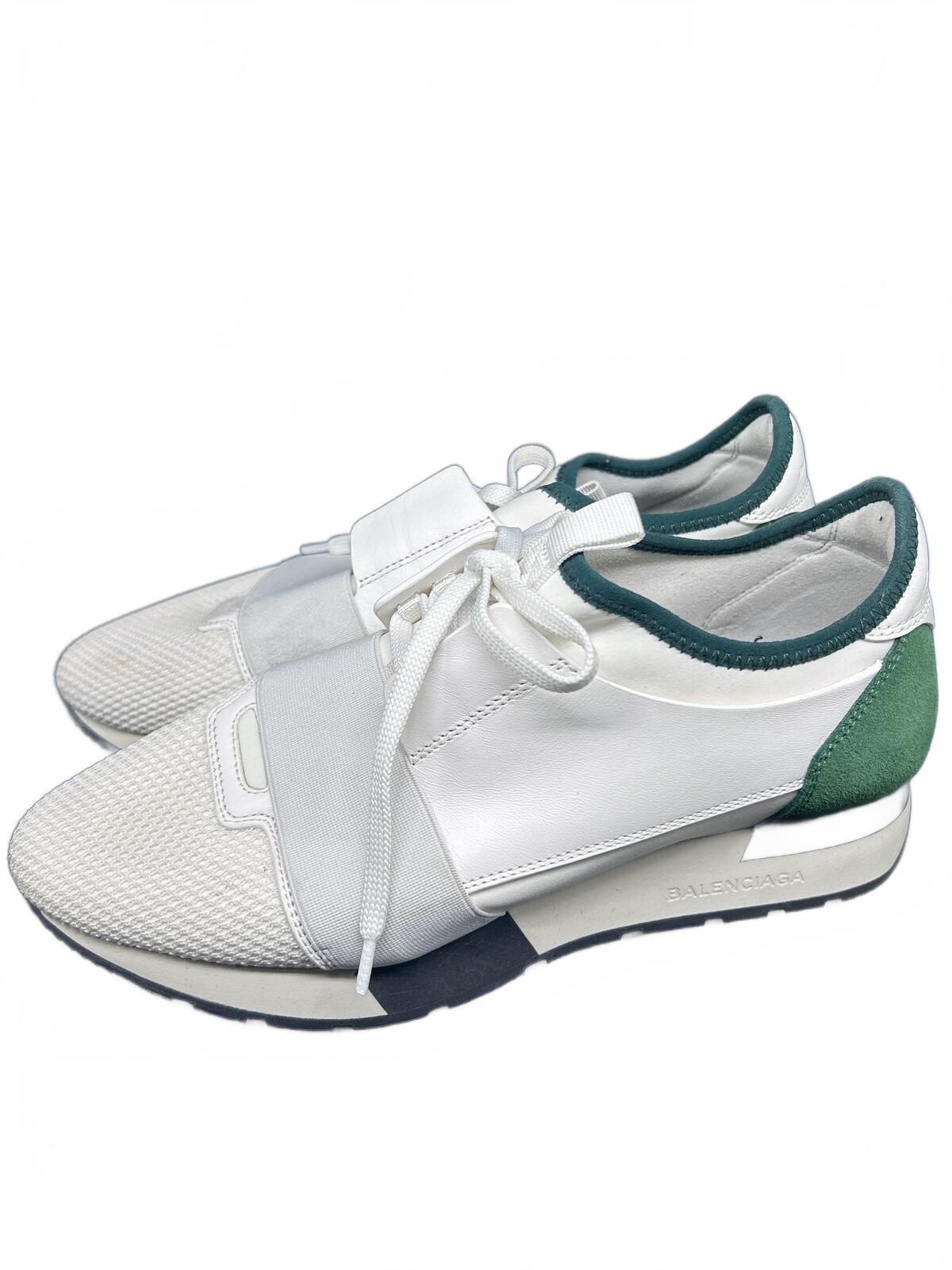 Balenciaga Race Runner Leather Mesh Sneakers White Green Sz 39 EU Women's 8.5 US