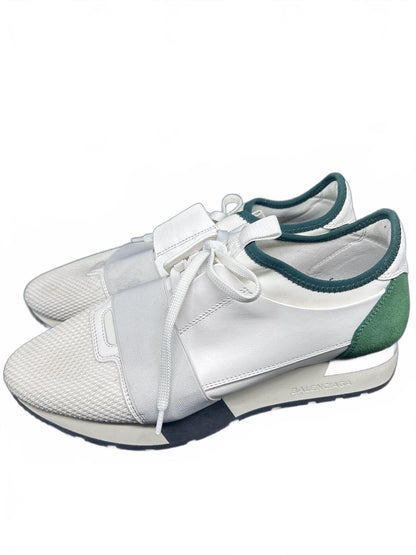 Balenciaga Race Runner Leather Mesh Sneakers White Green Sz 39 EU Women's 8.5 US