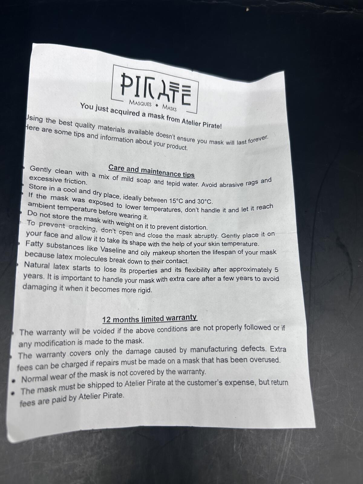 Handmade Atelier Pirate Latex Cat Mask (Unused w/ Original Care Card)
