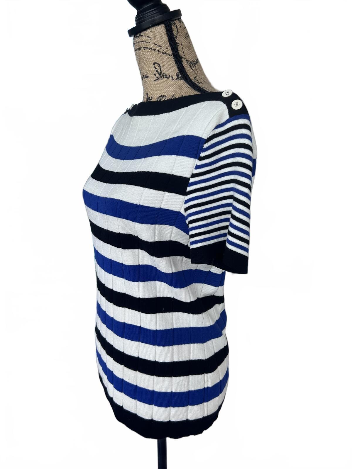 Ralph Lauren Striped Ribbed Knit Top with Button Detail