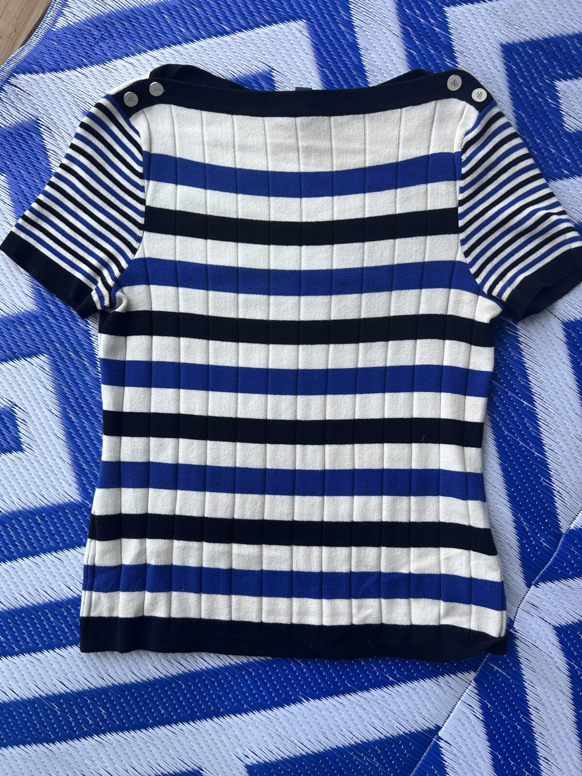 Ralph Lauren Striped Ribbed Knit Top with Button Detail