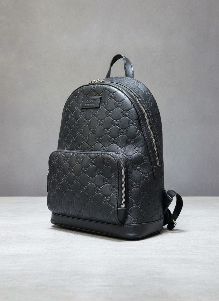 Gucci Guccissima Signature Black Leather Backpack Bag Unisex Authentic Luxury