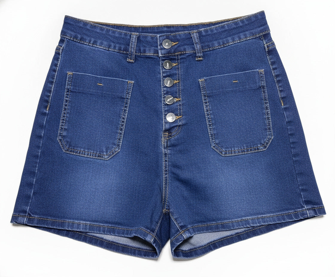 Womens Size XL Blue Denim Shorts Button Front Stretch Cotton Blend Bermudas