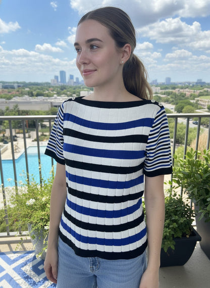 Ralph Lauren Striped Ribbed Knit Top with Button Detail