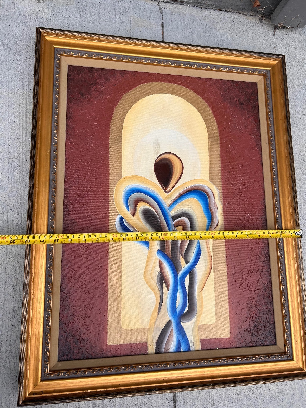 Vintage Framed Abstract Art Print Heavy Ornate Gold Gilt Frame Linen Mat 28x22