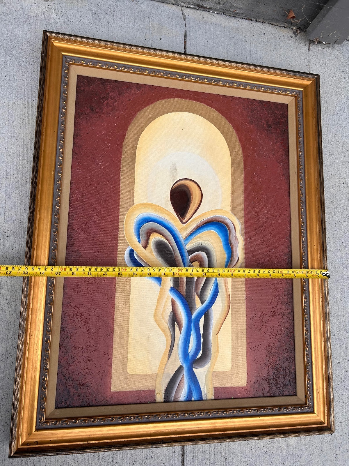 Vintage Framed Abstract Art Print Heavy Ornate Gold Gilt Frame Linen Mat 28x22
