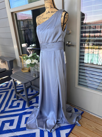 NWT! Azazie Dusty Blue One-Shoulder Dress Size 12 A-Line Floor Length 64”