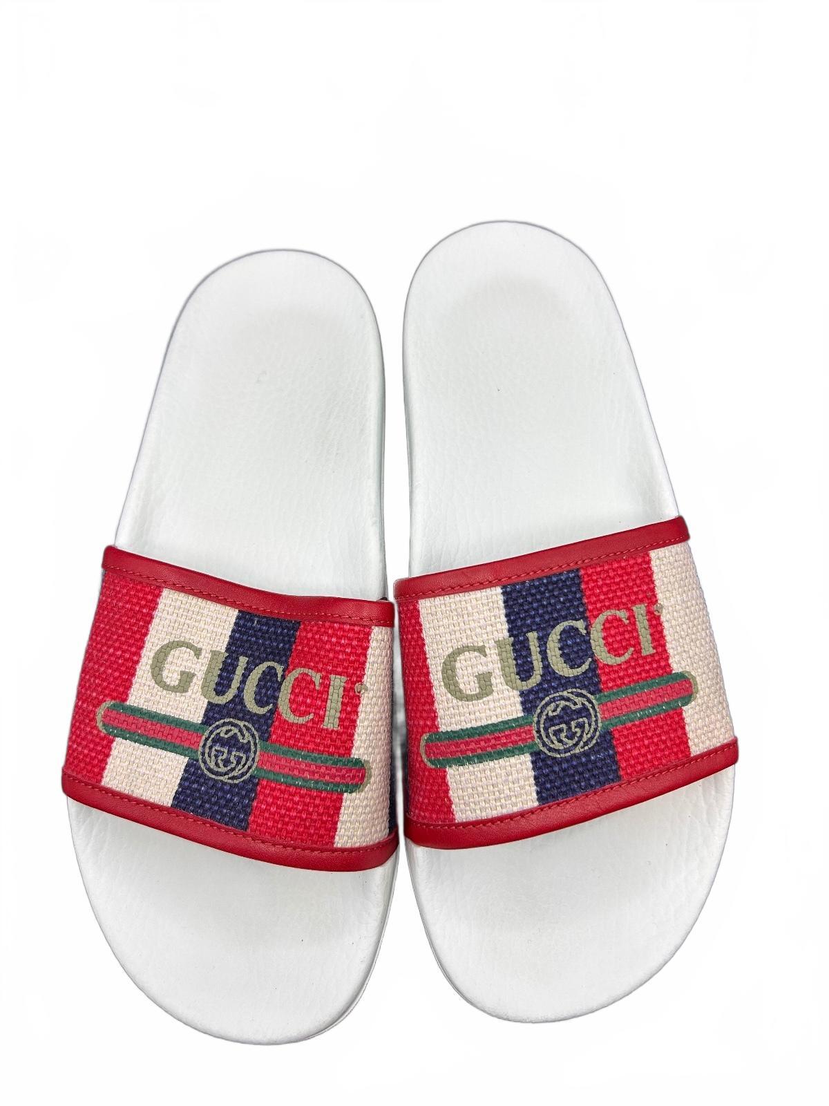 Gucci Web Stripe White Leather Flip Flops Thong Sandals Womens 8.5