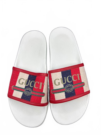 Gucci Web Stripe White Leather Flip Flops Thong Sandals Womens 8.5