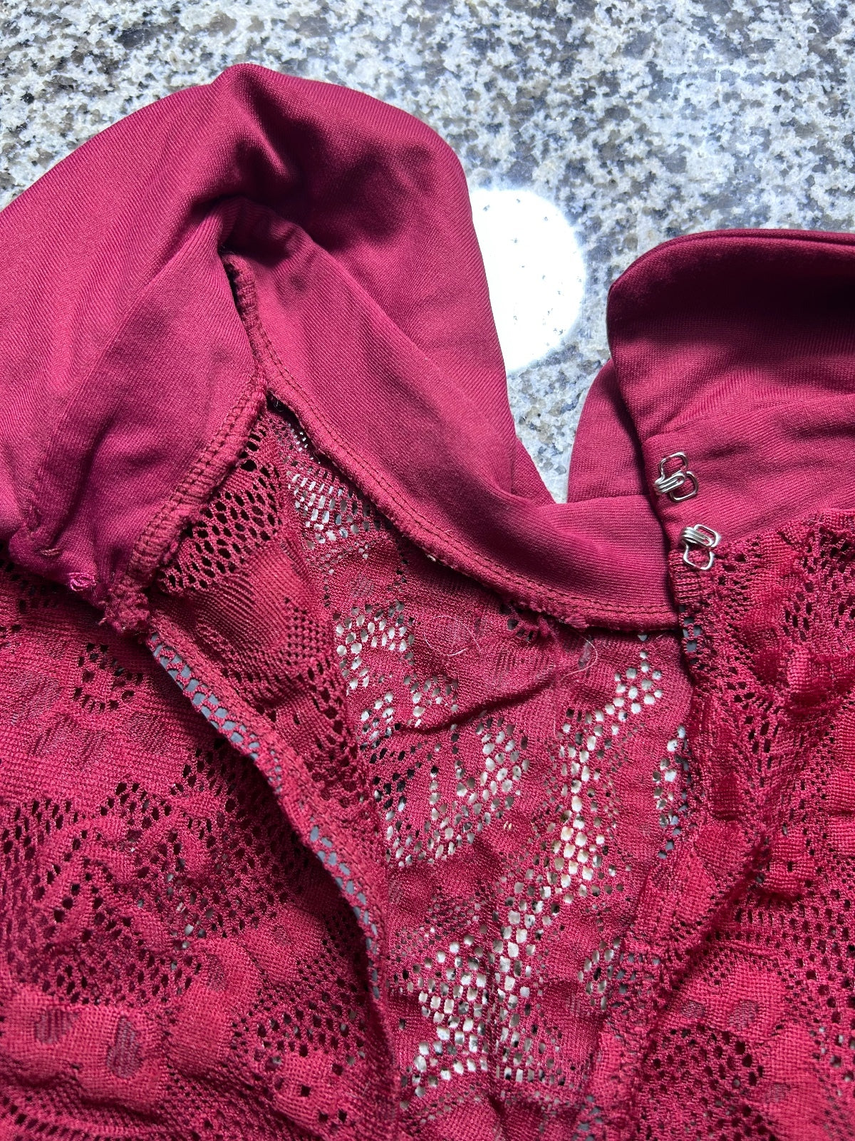 Burgundy Sleeveless Dance Leotard with Lace Collar Detail
