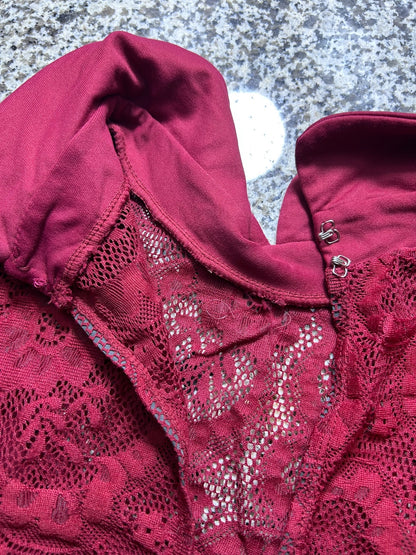 Burgundy Sleeveless Dance Leotard with Lace Collar Detail