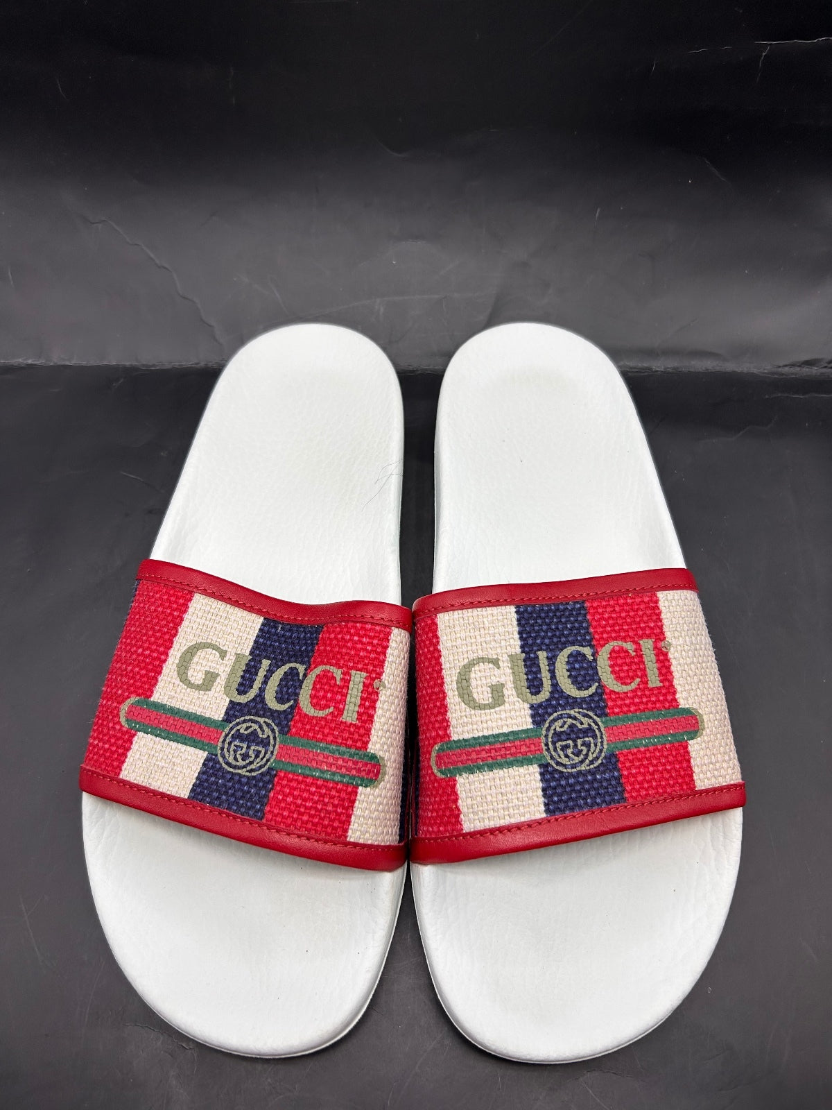 Gucci Web Stripe White Leather Flip Flops Thong Sandals Womens 8.5