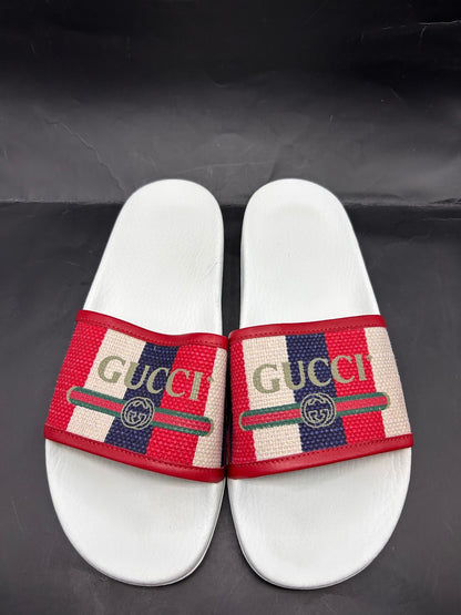 Gucci Web Stripe White Leather Flip Flops Thong Sandals Womens 8.5