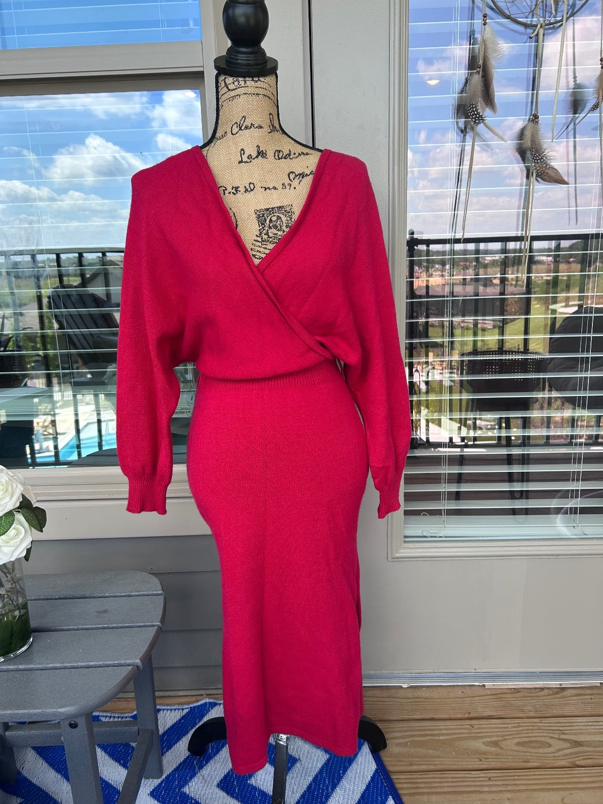 Cupshe Red Knit Midi Dress Women's Large Long Sleeve Wrap V-Neck Stretch