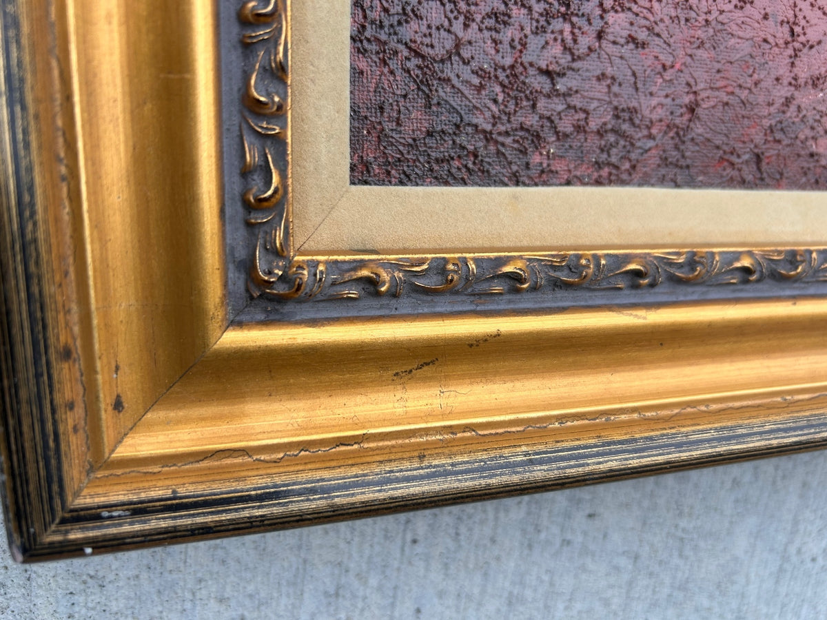 Vintage Framed Abstract Art Print Heavy Ornate Gold Gilt Frame Linen Mat 28x22