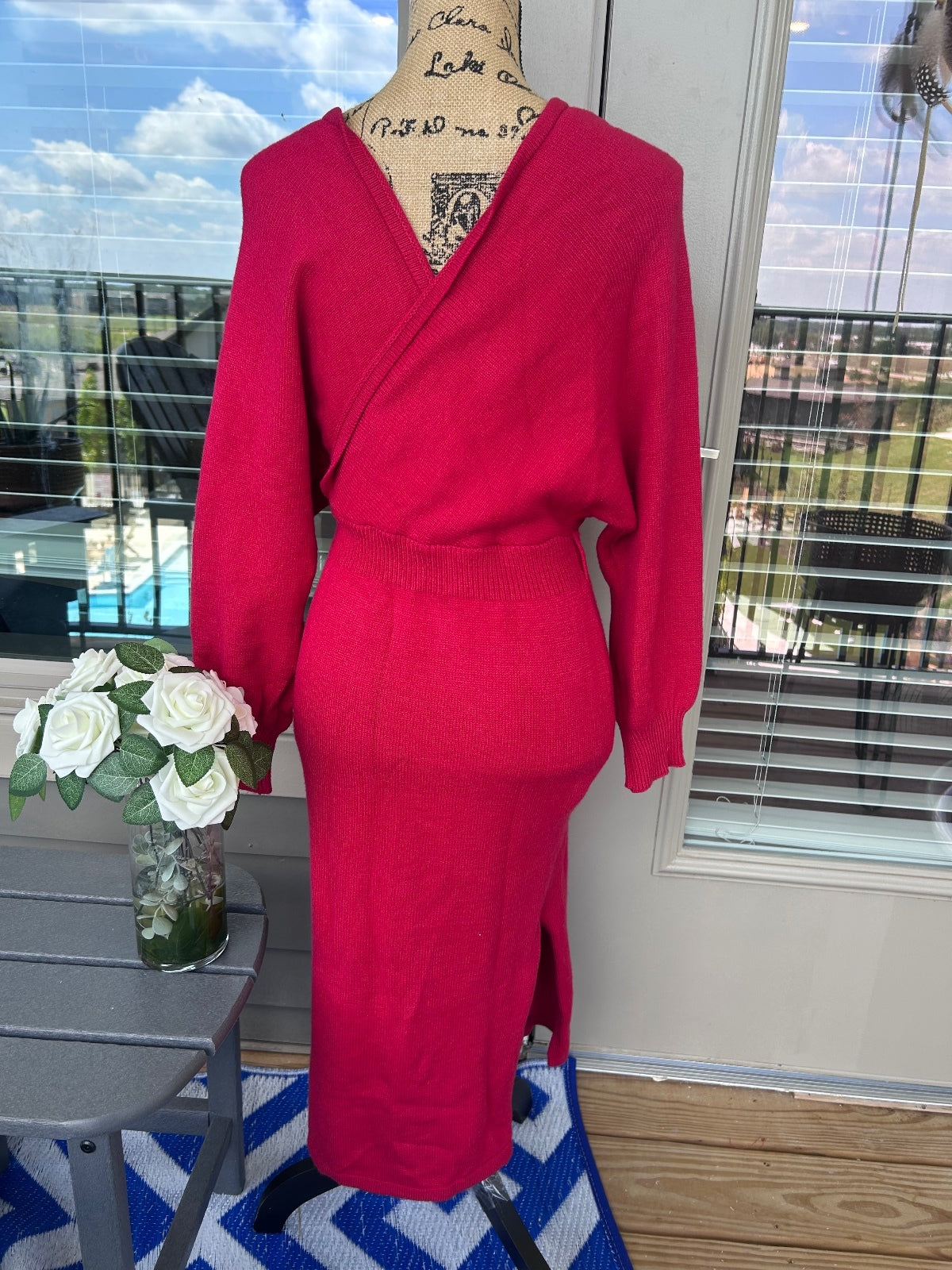 Cupshe Red Knit Midi Dress Women's Large Long Sleeve Wrap V-Neck Stretch