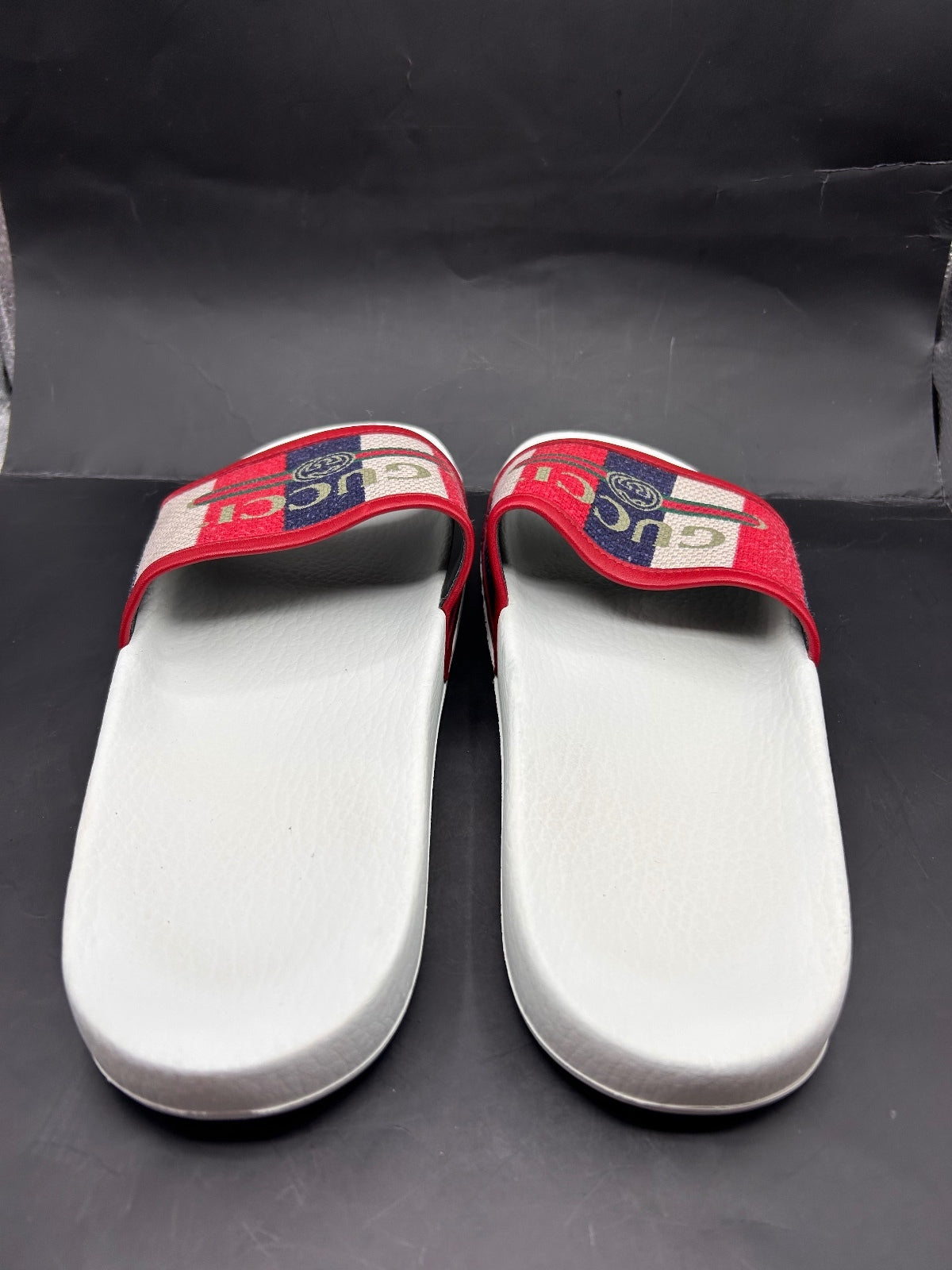 Gucci Web Stripe White Leather Flip Flops Thong Sandals Womens 8.5