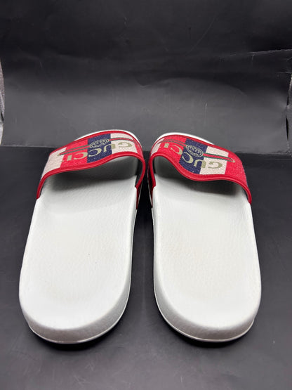 Gucci Web Stripe White Leather Flip Flops Thong Sandals Womens 8.5