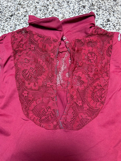 Burgundy Sleeveless Dance Leotard with Lace Collar Detail
