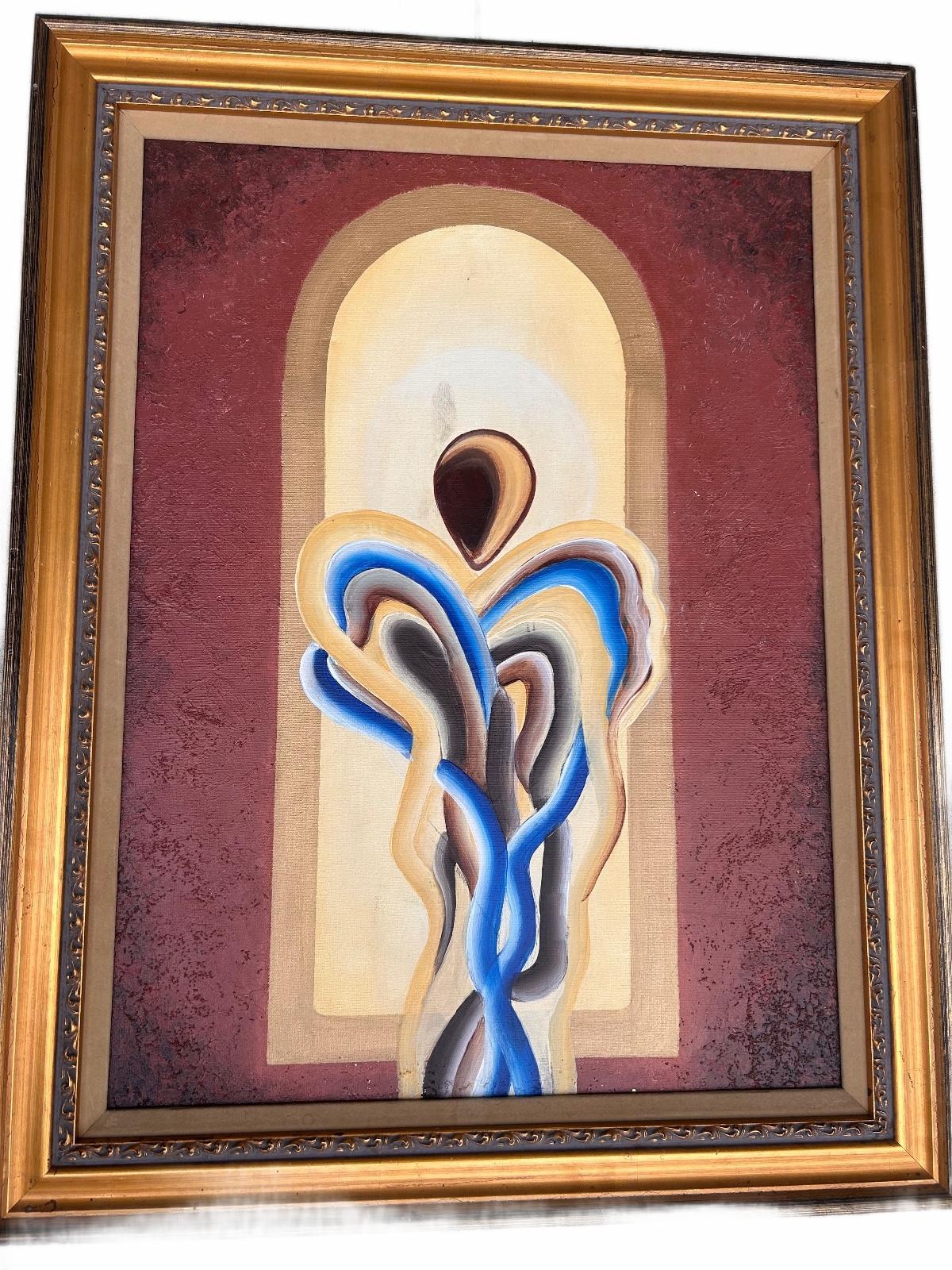Vintage Framed Abstract Art Print Heavy Ornate Gold Gilt Frame Linen Mat 28x22