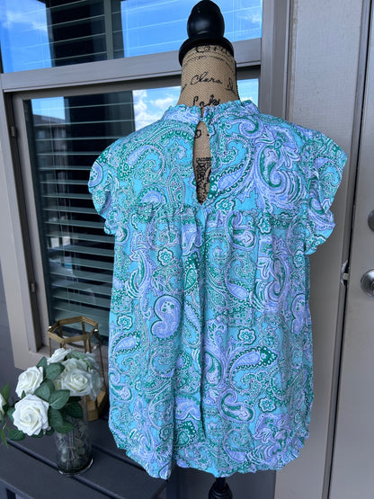 Crown Ivy Womens XXL Turquoise Blue Green Paisley Sleeveless Keyhole Blouse Top