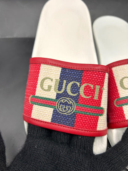 Gucci Web Stripe White Leather Flip Flops Thong Sandals Womens 8.5