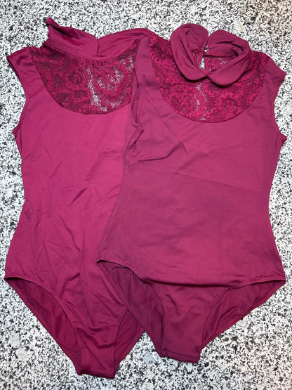 Sansha Burgundy Floral Lace Keyhole Back Dance Leotard Sz 5 Large Adult Ballet