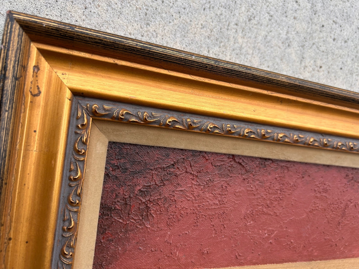Vintage Framed Abstract Art Print Heavy Ornate Gold Gilt Frame Linen Mat 28x22