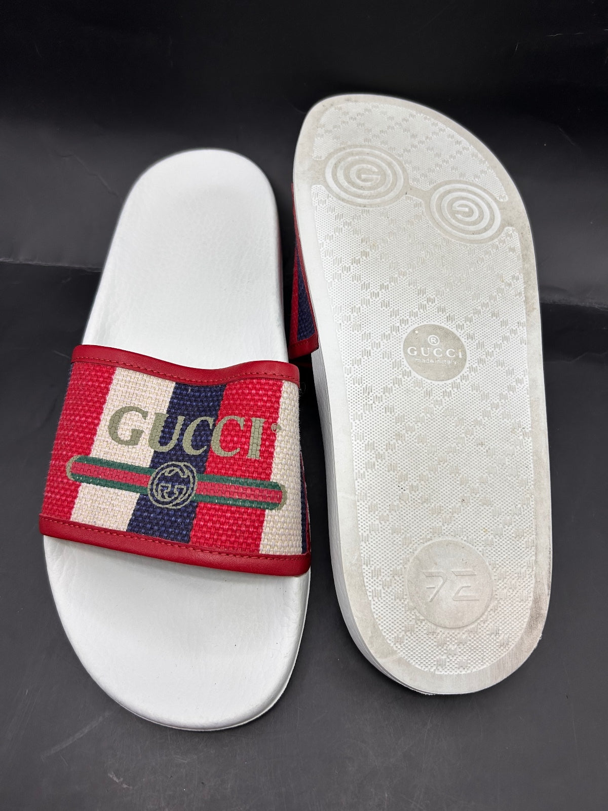 Gucci Web Stripe White Leather Flip Flops Thong Sandals Womens 8.5