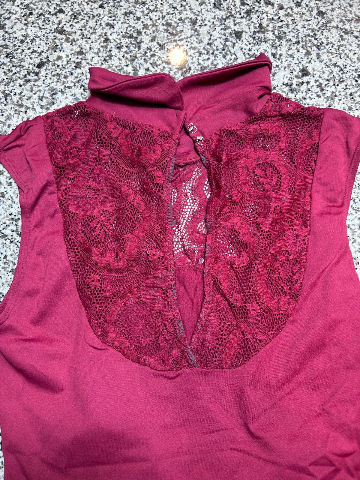 Burgundy Sleeveless Dance Leotard with Lace Collar Detail