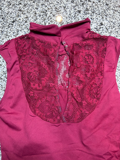Burgundy Sleeveless Dance Leotard with Lace Collar Detail