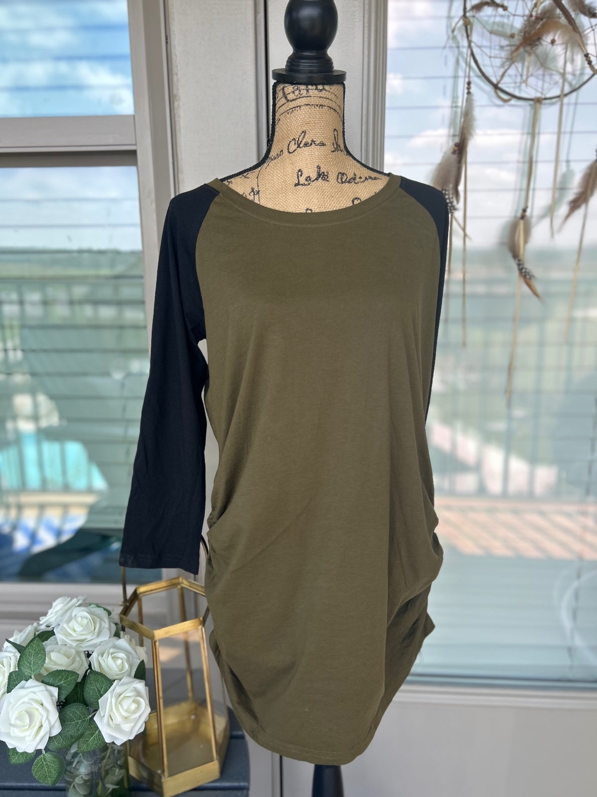 Pact Organic Maternity Olive Green Black Raglan Sleeve Tunic Top Size XL NWT