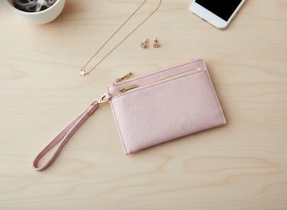 Blush Pink Dual Zip Wristlet Wallet | Travel Card Case & Clutch