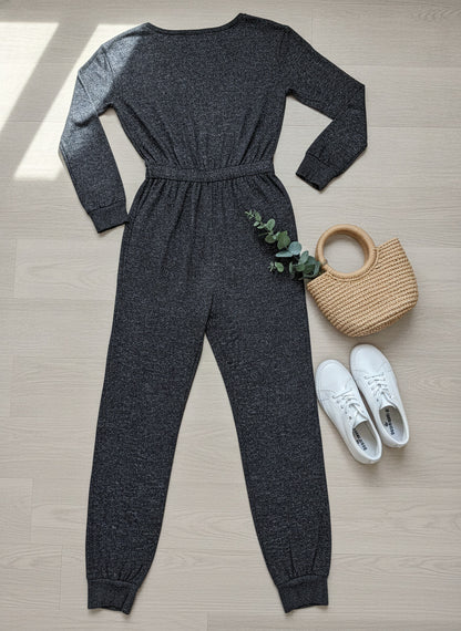 Cozy Black Long Sleeve Jumpsuit | Elastic Waist Cuffed Ankle Loungewear Size S