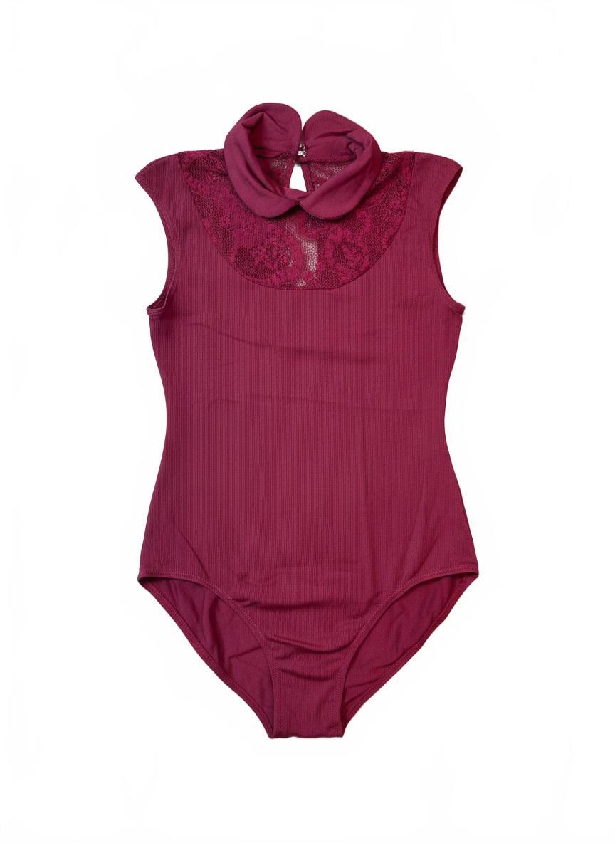 Burgundy Sleeveless Dance Leotard with Lace Collar Detail
