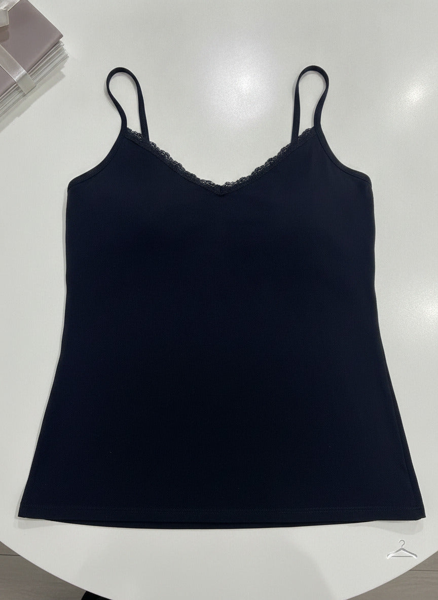 People Tree Black Organic Cotton Camisole with Lace Trim