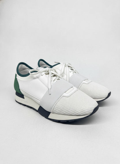 Balenciaga Race Runner Leather Mesh Sneakers White Green Sz 39 EU Women's 8.5 US