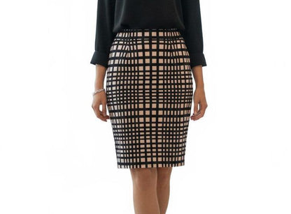 Black and Beige Checkered Pencil Skirt with Front Slit - Professional and Chic