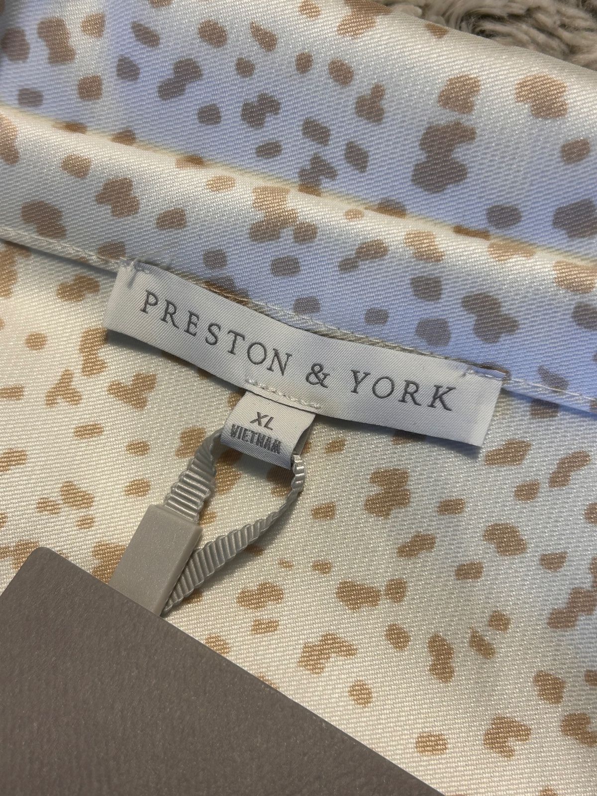 Preston York Women's Large L Pearl Cufflinks Button Up Shirt Blouse Tan Print