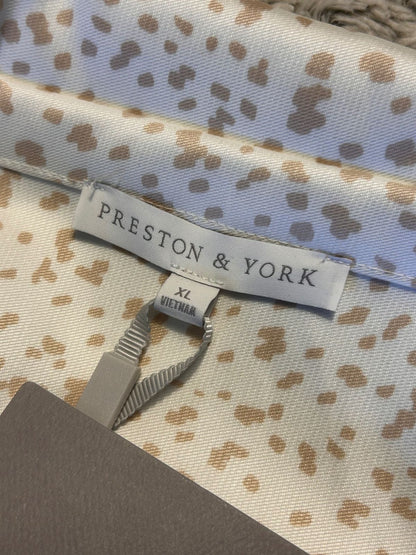 Preston York Women's Large L Pearl Cufflinks Button Up Shirt Blouse Tan Print