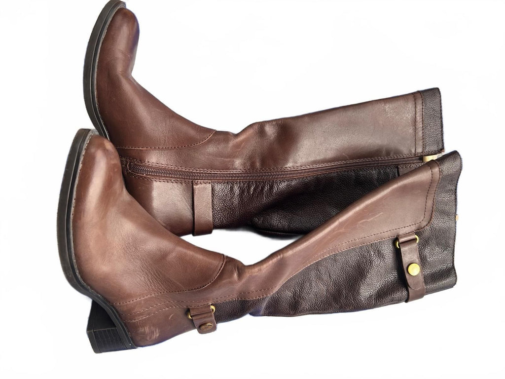 Franco Sarto Women's Brown Leather Riding Boots Knee High Zip Buckle Size 5.5 M