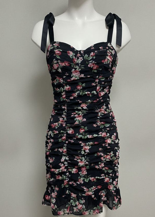 Lily Rose Floral Midi Dress Womens Medium Black Ruched Tie Strap Summer Sunneck
