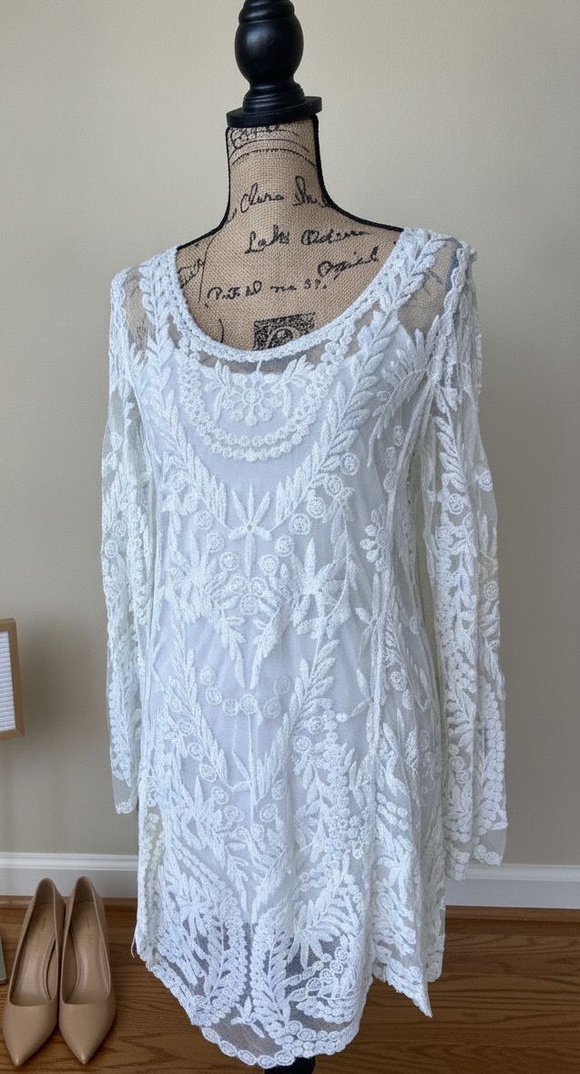 THRIFT | XOXO White Floral Lace Long Sleeve Illusion Mesh Mini Dress
