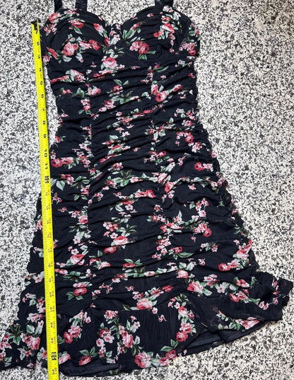 Lily Rose Floral Midi Dress Womens Medium Black Ruched Tie Strap Summer Sunneck